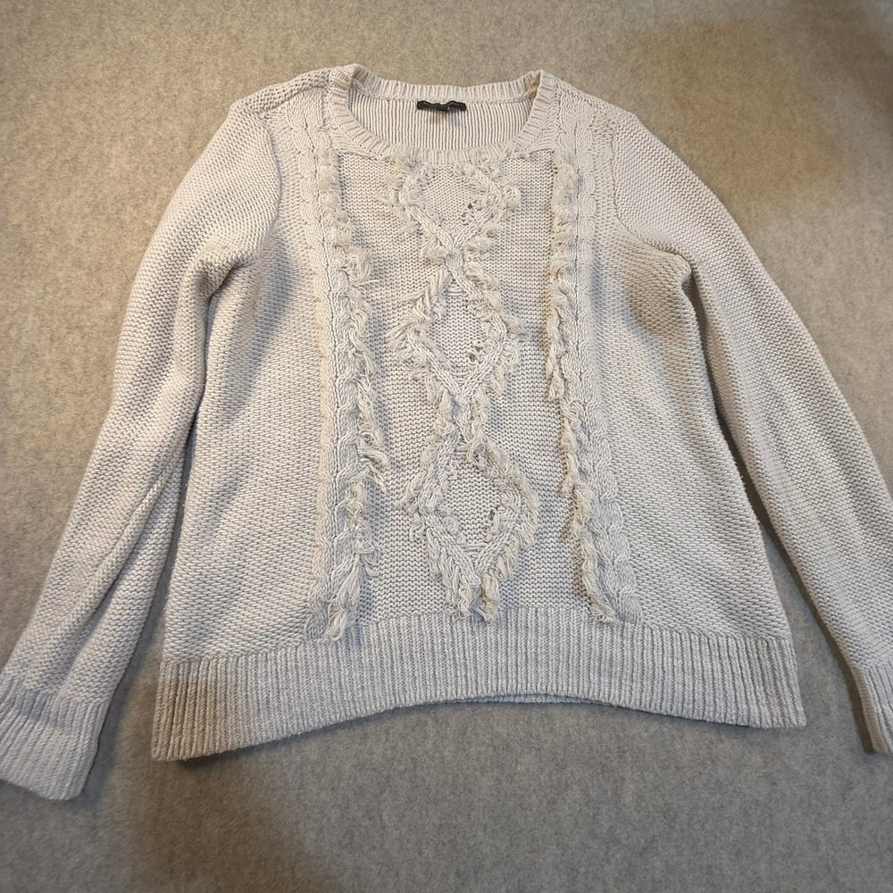 Banana Republic Womens Cream Fringe Cable Knit‎ Sweater Large Chunky Boho T0108